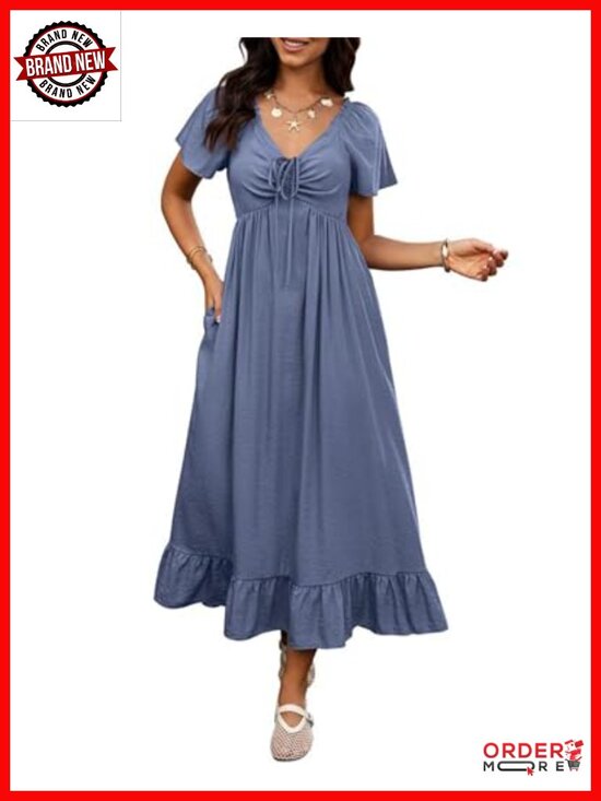 Dresses & Skirts - Short Sleeve V Neck Maxi Dress with Pockets